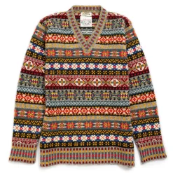 Jamieson's Of Shetland Jamieson's for Clutch Cafe Fair-Isle V-Neck Pullover with Graduated Rib #136 Light Grey x Red