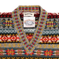 Jamieson's Of Shetland Jamieson's for Clutch Cafe Fair-Isle V-Neck Pullover with Graduated Rib #136 Light Grey x Red