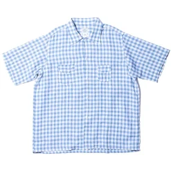 Post Overalls Neutra 4 Linen Block Check S/S Shirt Slate Blue