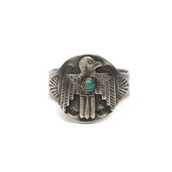 Red Rabbit Trading Co Fred Harvey Style Cigar Band Thunderbird Ring w/ Turquoise